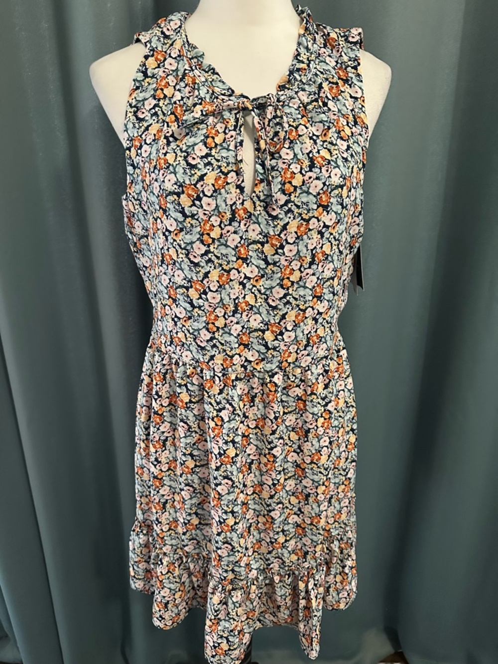 IZ Byer Floral Sleeveless Dress Large Tie Neck Keyhole Ruffle Hem Navy Pink Oran